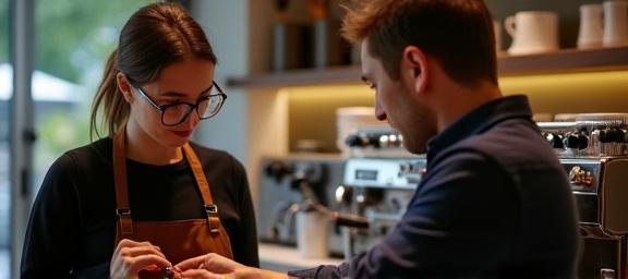 Barista che guida un nuovo operatore nella configurazione di una macchina da caffè.
